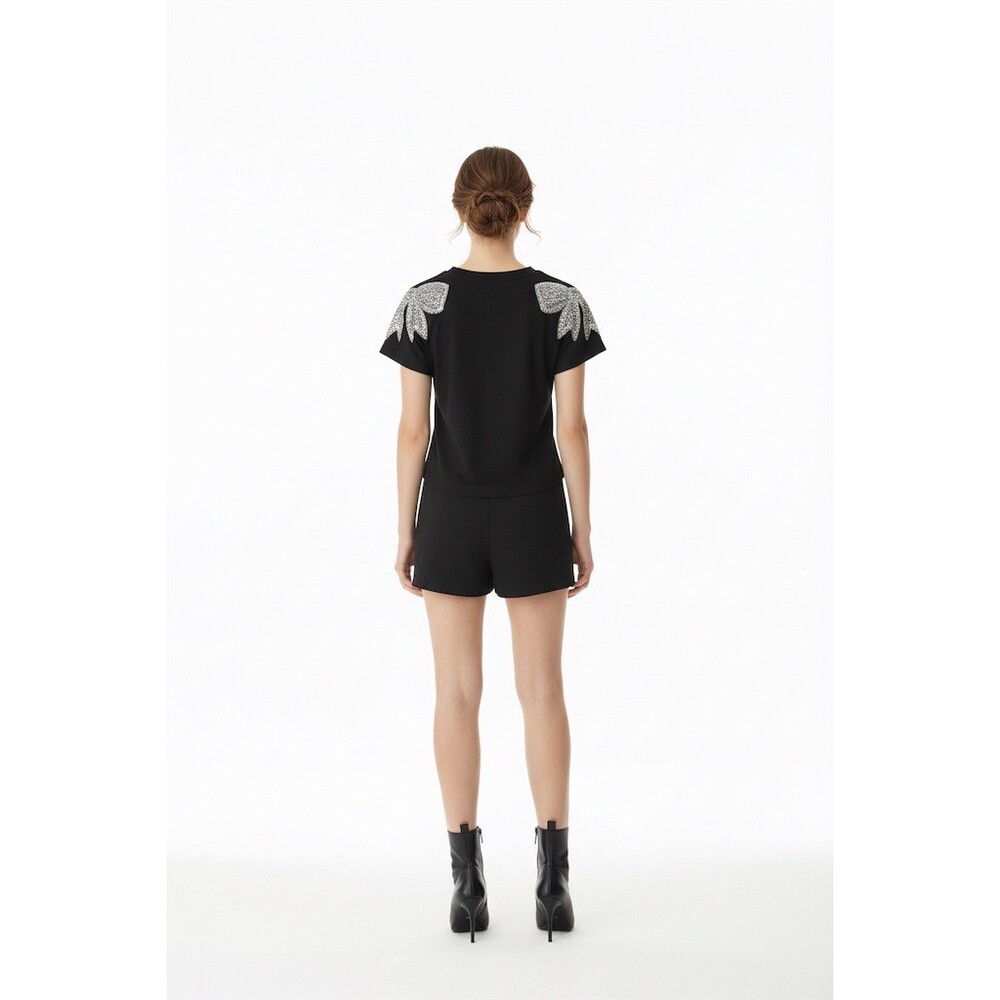 Lizette Collection T-Shirt Womens Size S Black Cropped Sparkle Sequin Bow - Picture 4 of 6